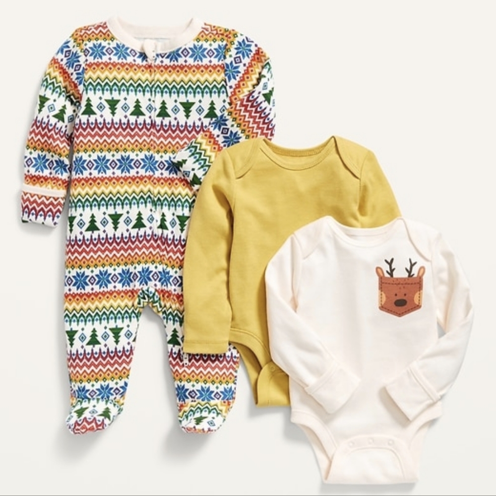 NWT Old Navy unisex 3 piece long sleeve bodysuit and footie pajamas